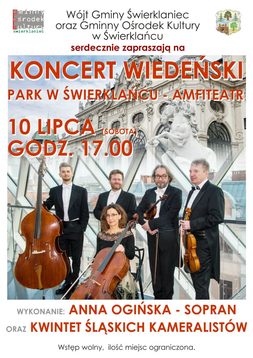 Plakat przypominający koncert Wiedeński który odbył się 10 lipca w świerklanieckim parku