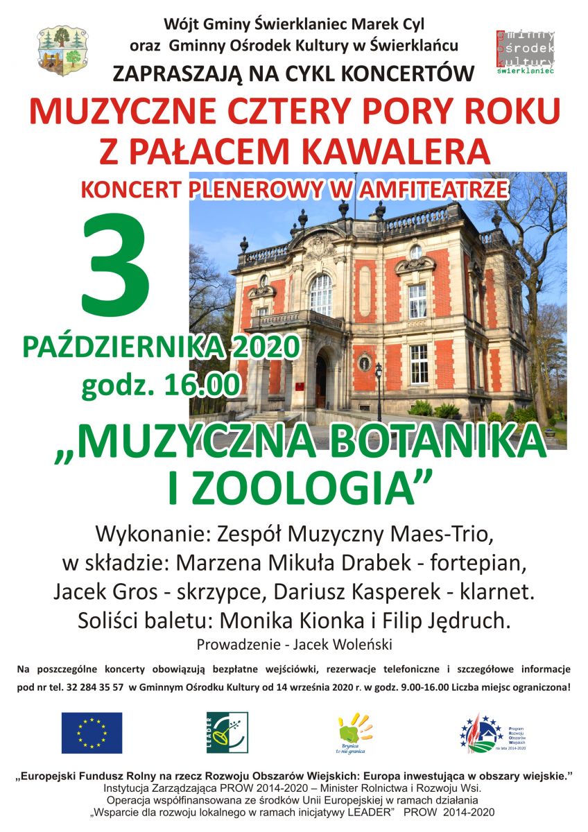 Plakat - koncert pt. Muzyczna botanika i zoologia - z cyklu Muzyczne cztery pory roku z Pałacem Kawalera