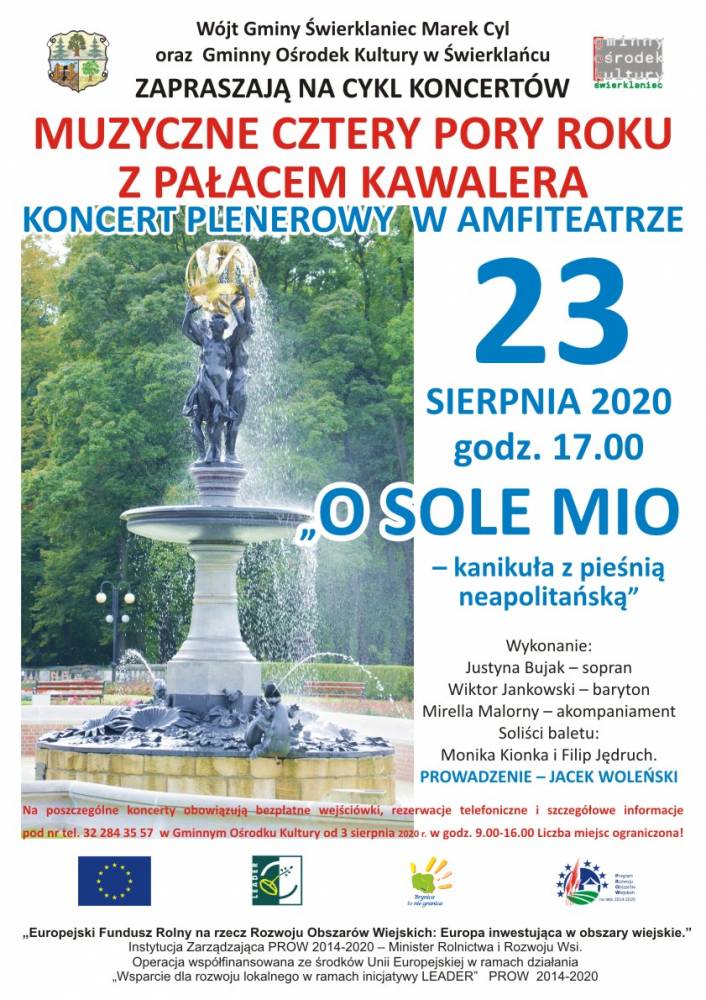 Plakat - cykl koncertów Muzyczne cztery pory roku z Pałacem Kawalera - koncert pt. O sole mio-kanikuła z pieśnią neapolitańską