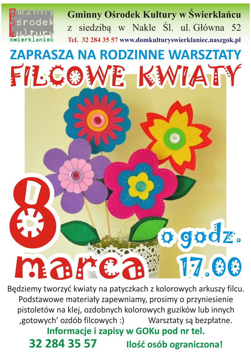 Plakat-rodzinne warsztaty pt. Kwiaty filcowe-8.03.2019
