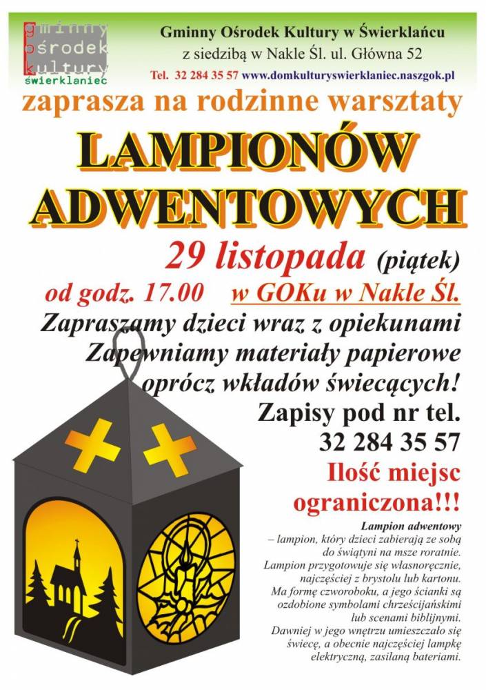 Plakat - rodzinne warsztaty Lampion Adwentowy - 29 listopada